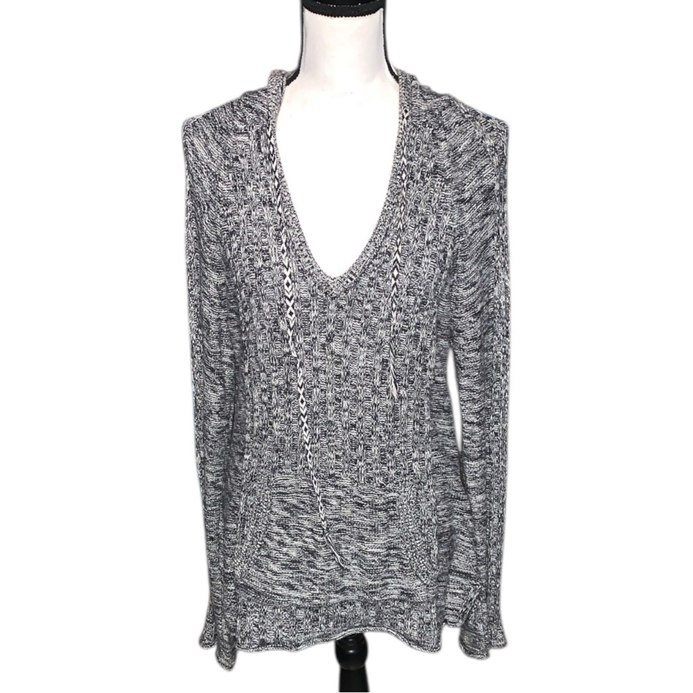 Vtg Y2K Roxy Gray Knit V-Neck Sweater Hooded Beachy Granola Girl Hippie